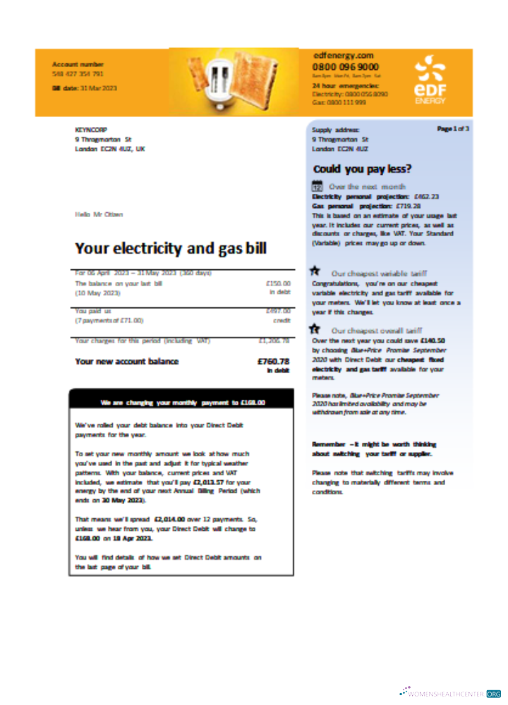 Download EDF (UK) utility business bill SCR page 1 Photoshop template